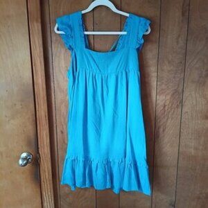 New In Blue Babydoll/shift Dress Women’s L Ruffle Sleeve ruffle Hem swing